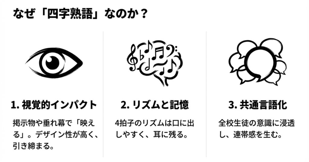 四字熟語が選ばれる理由として、視覚的インパクト、リズムと記憶、共通言語化の3点を挙げた解説スライド。