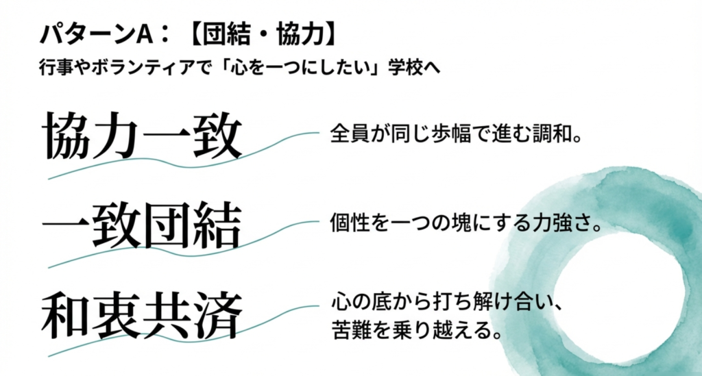 協力一致、一致団結、和衷共済の意味と、それぞれの言葉が持つニュアンスの違いを説明するスライド。