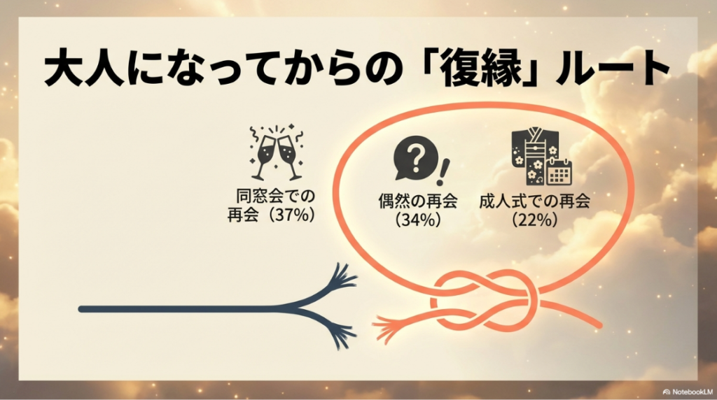 大人になってからの「復縁」ルート。同窓会での再会(37%)、偶然の再会(34%)、成人式での再会(22%)