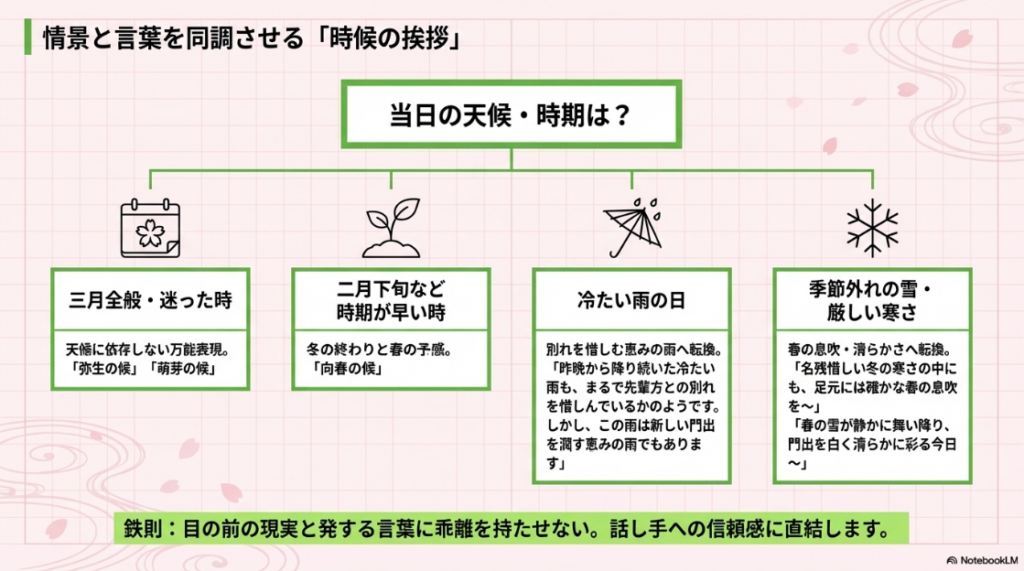 3月全般、冷たい雨の日、季節外れの雪など、当日の情景に合わせた時候の挨拶の転換例