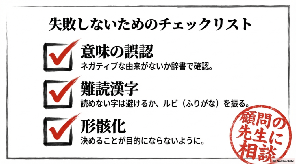 意味の誤認、難読漢字、形骸化を防ぐための確認ポイントと、顧問の先生への相談を推奨するスライド。