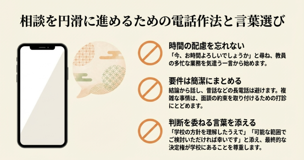 先生への電話相談を円滑に進めるための時間への配慮、簡潔な要件のまとめ方、判断を委ねる言葉選び
