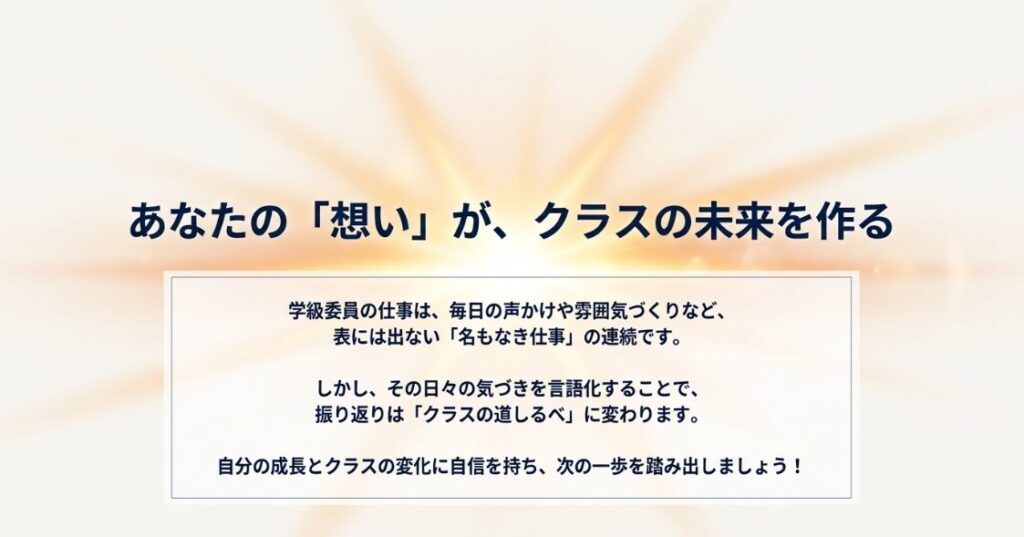 学級委員の見えにくい日々の働きと、その積み重ねがクラスの成長につながることを伝えるまとめスライド