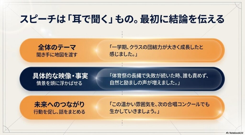 学級委員の振り返りスピーチを、全体テーマ、具体例、未来へのつながりの順で伝える構成図