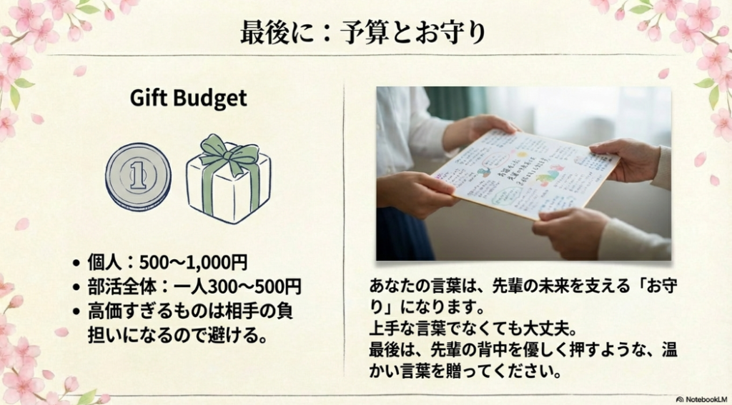 プレゼントと硬貨のイラストと、三送会のプレゼントの予算相場や、贈った言葉が先輩の未来を支えるお守りになるという解説