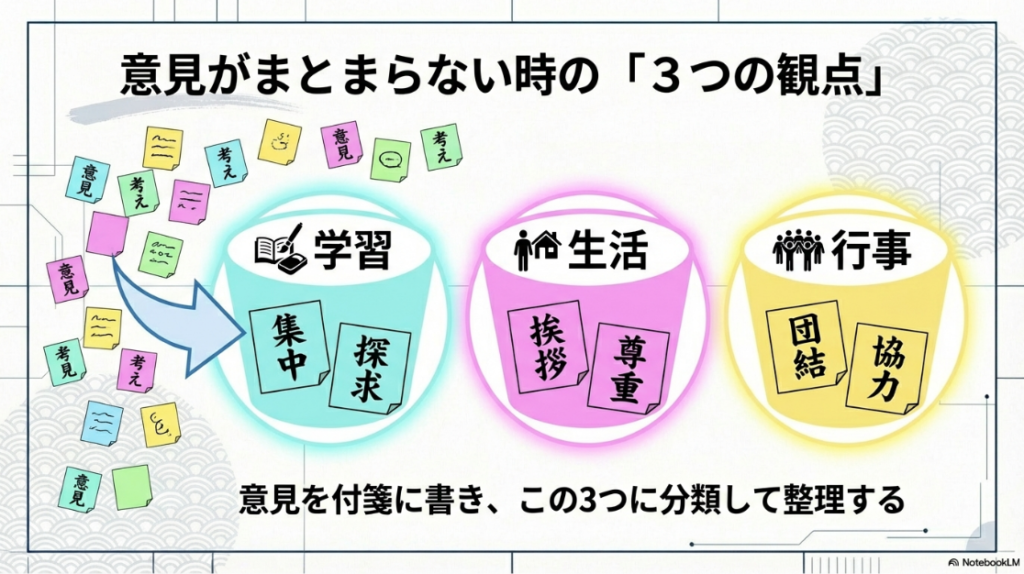 学習・生活・行事の3つの観点で付箋を使って意見を整理する方法
