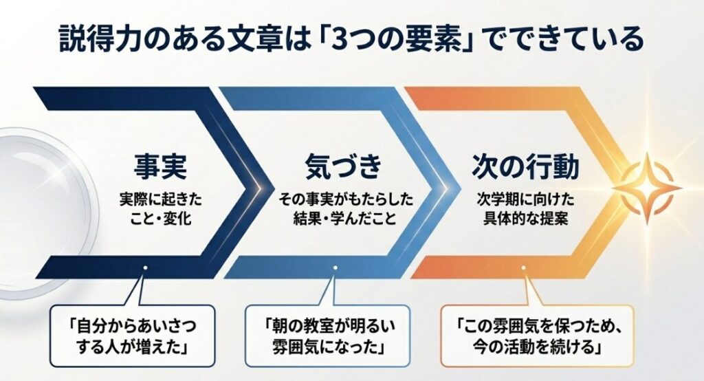 学級委員の振り返り文を、事実、気づき、次の行動の3要素で組み立てる流れを示したスライド