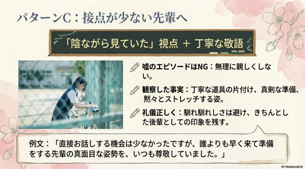 グラウンドで片付けをする女子高生の写真と、接点が少ない先輩へ陰ながら見ていた視点で丁寧に書くメッセージのポイント