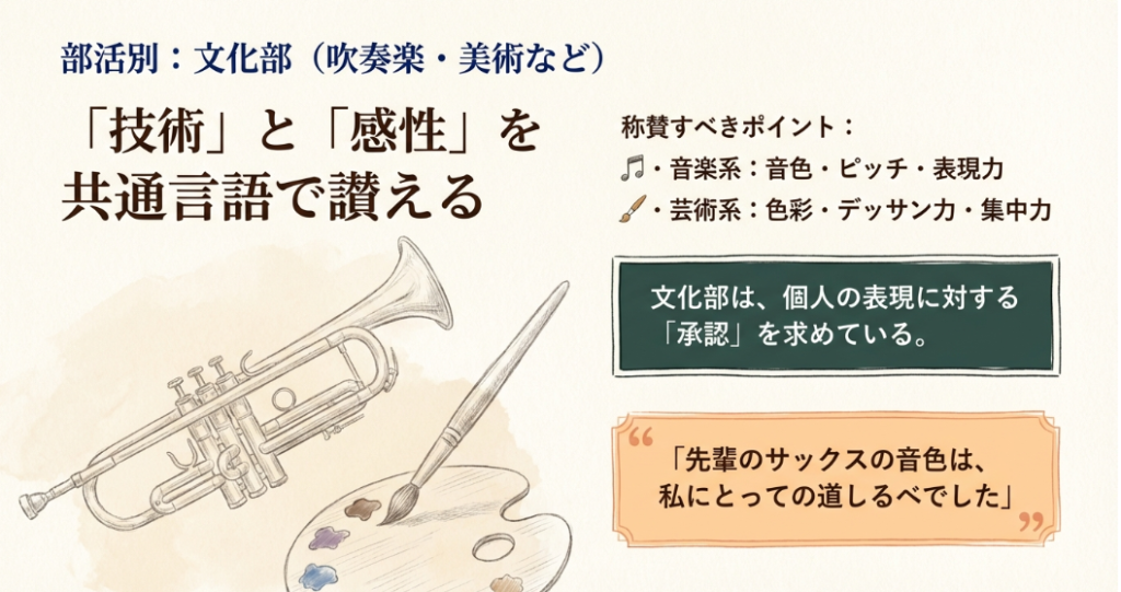 吹奏楽や美術などの文化部向けに、音色や色彩などの共通言語で承認を伝えるポイントをまとめたスライド