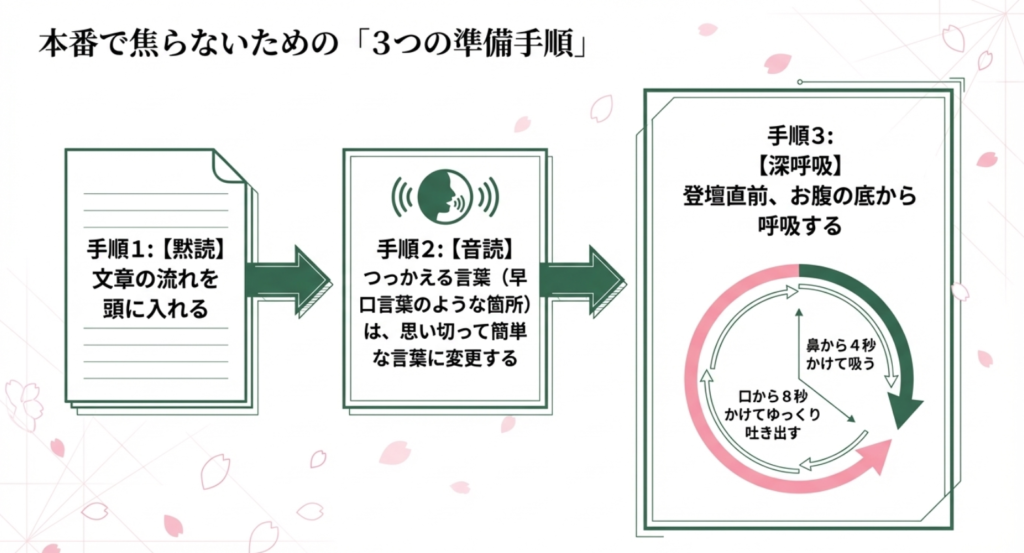 本番で焦らないための準備手順。手順1は黙読で流れをつかみ、手順2は音読で言い回しを調整し、手順3は深呼吸で落ち着く