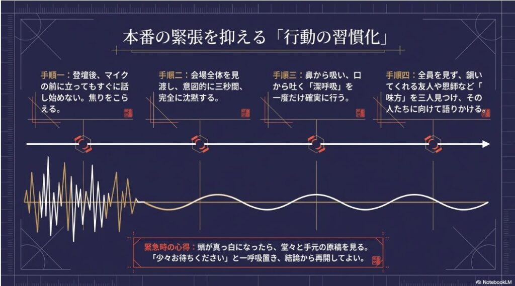登壇後に沈黙し、深呼吸をして味方を見つける、本番の緊張を抑えるための4つの手順
