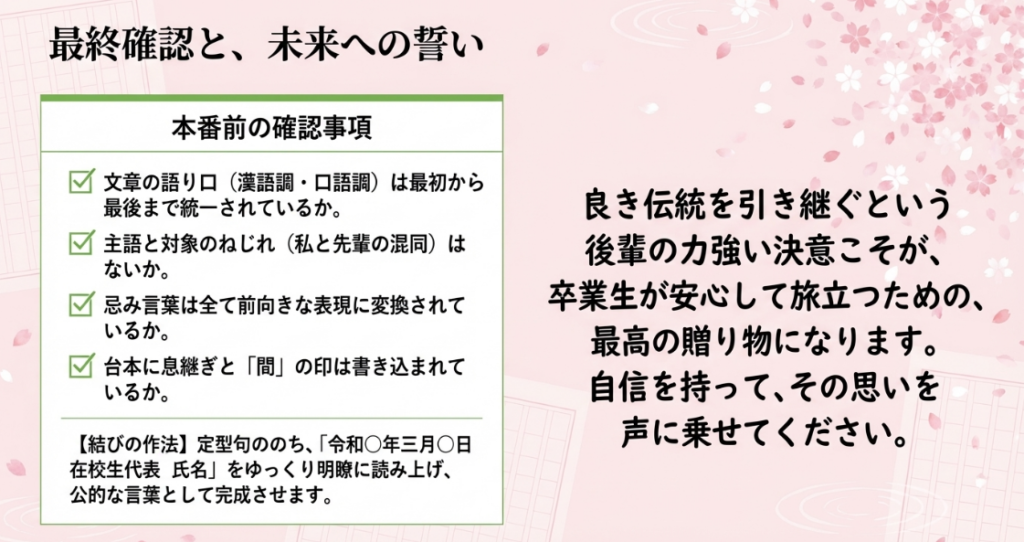文章の統一、忌み言葉の変換、息継ぎの印などの本番前チェックリストと送辞の結びの作法