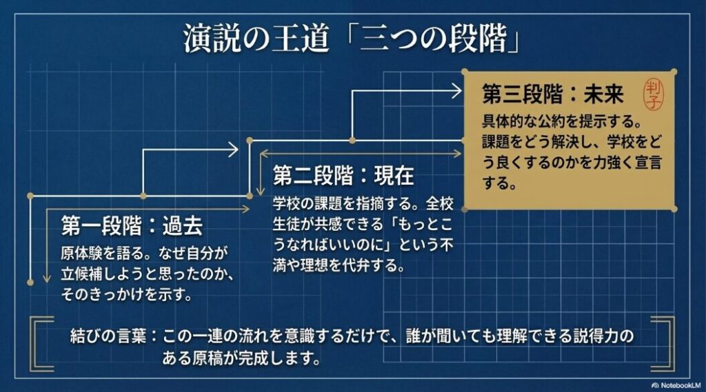 演説の王道構成3ステップ。第一段階は過去の原体験、第二段階は現在の課題、第三段階は未来の公約