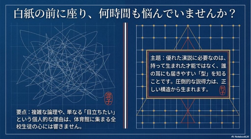 白紙の前に座り何時間も悩む状態から脱却し、誰の耳にも届きやすい演説の型を知る重要性