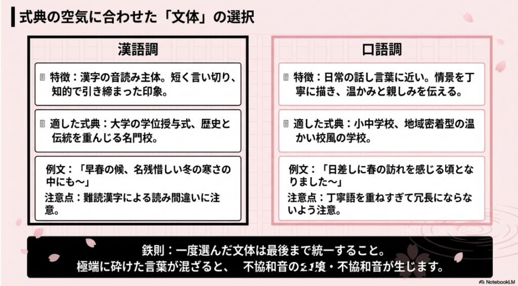 漢語調と口語調の文体の特徴、適した式典、例文の比較表