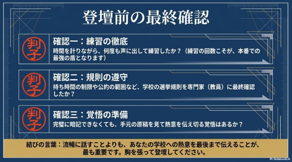 登壇前の最終確認。練習の徹底、学校規則の遵守、原稿を見て熱意を伝え切る覚悟