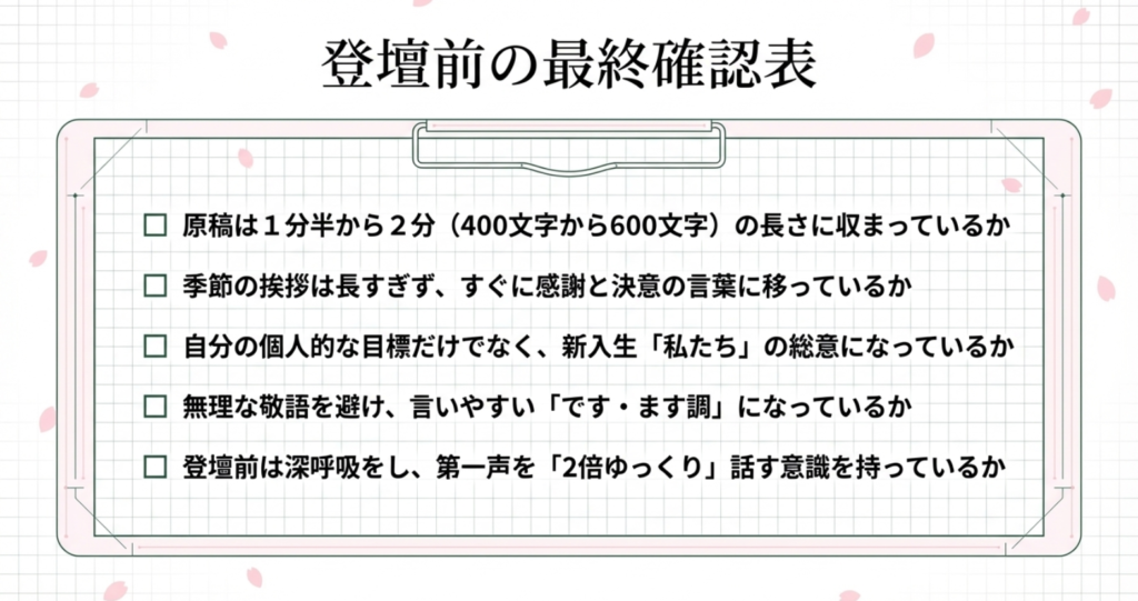 登壇前の最終確認表。原稿の長さ、季節の挨拶の短さ、新入生の総意、自然な丁寧語、深呼吸と第一声に関するチェック項目