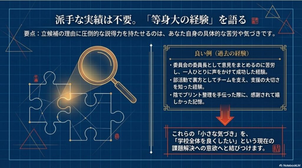 派手な実績は不要。委員長としての苦労や裏方としての支援など、等身大の経験を語る具体例