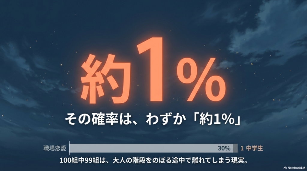 その確率はわずか約1%。100組中99組は、大人の階段をのぼる途中で離れてしまう現実。