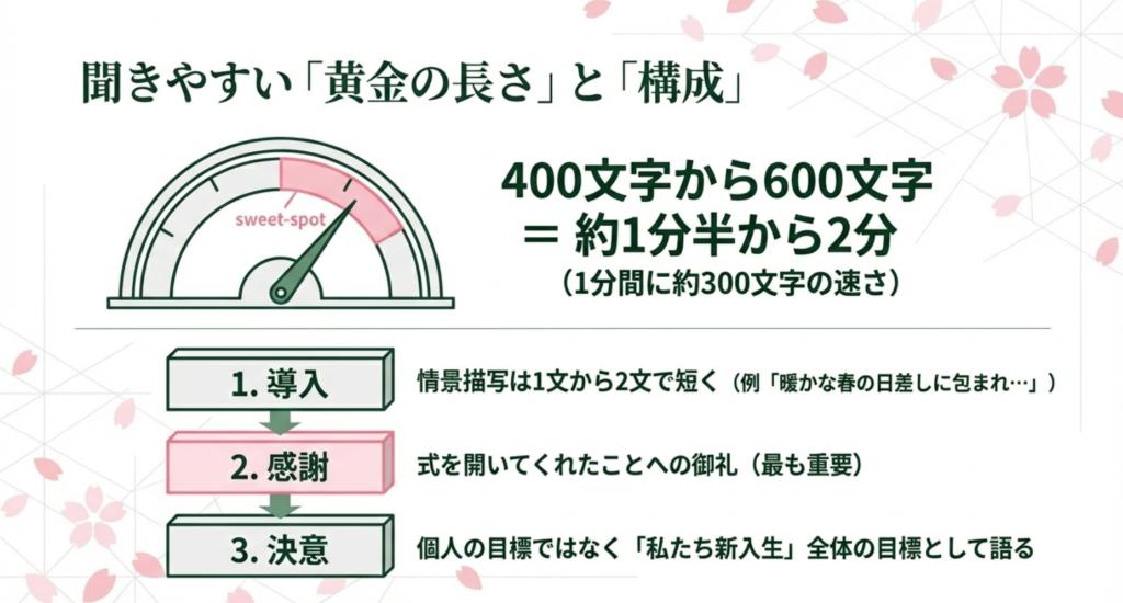 スピーチの聞きやすい黄金の長さ。400文字から600文字で、約1分半から2分が発表時間の目安