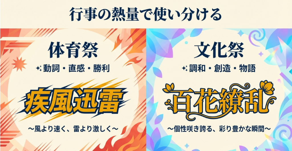体育祭(動詞・直感・勝利)と文化祭(調和・創造・物語)のそれぞれに適したスローガンの例。