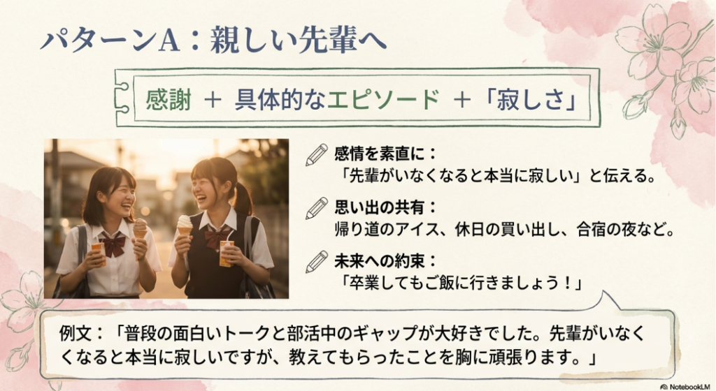 アイスを食べる女子高生2人の写真と、親しい先輩へ贈る感謝・エピソード・寂しさを伝える構成のポイント