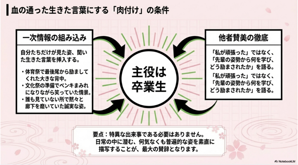卒業生を主役とした他者賛美の徹底や、一次情報を組み込む送辞のエピソード作成のコツ