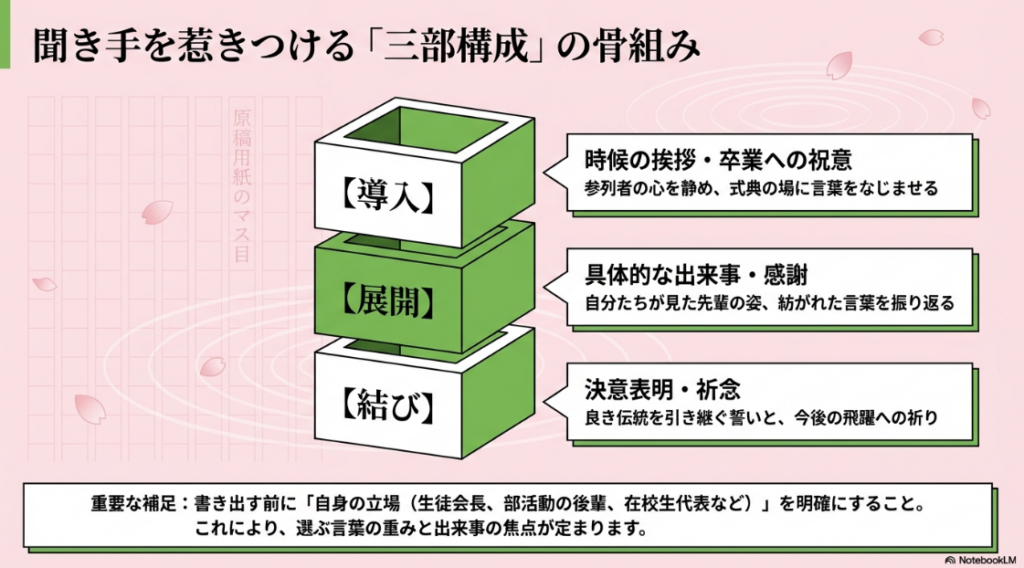 送辞の基本となる三部構成（導入・展開・結び）の図解と役割
