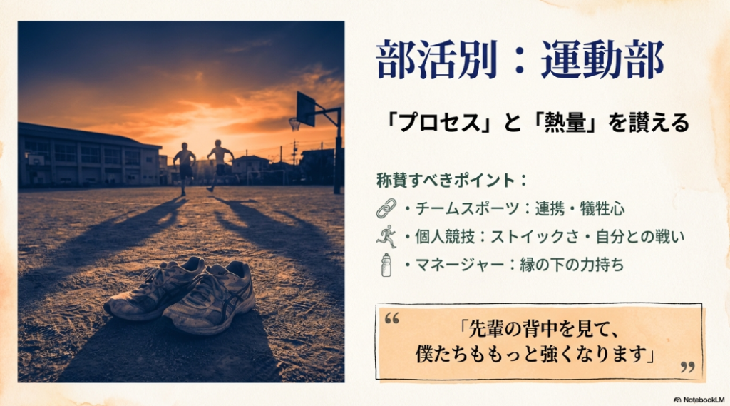 チームスポーツや個人競技、マネージャーなど役割別に称賛すべきポイントをまとめたスライド