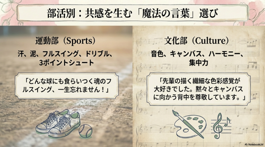 パレットや音符のイラストと、運動部や文化部別に共感を生む専門用語を使ったキーワードや例文のまとめ