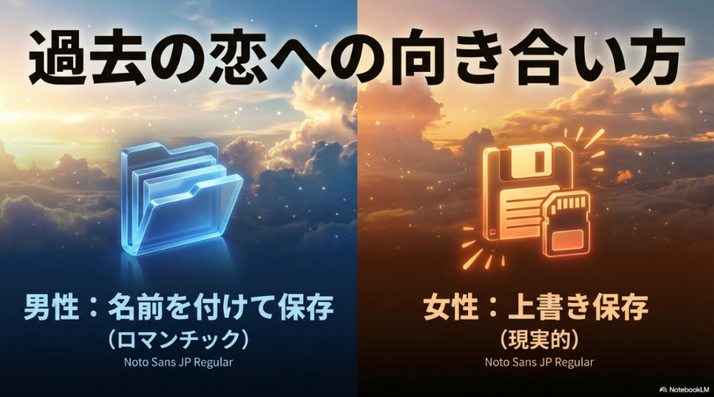 過去の恋への向き合い方。男性：名前を付けて保存（ロマンチック）、女性：上書き保存（現実的）
