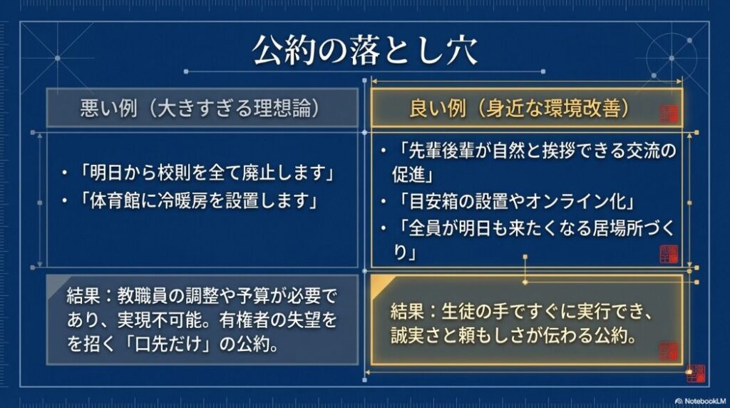 公約の悪い例である大きすぎる理想論と、良い例である身近な環境改善の比較