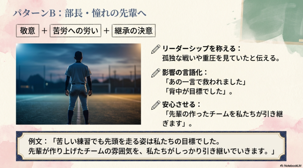 部長や憧れの先輩へ敬意と苦労への労い、継承の決意を伝えるメッセージ構成のポイントと例文