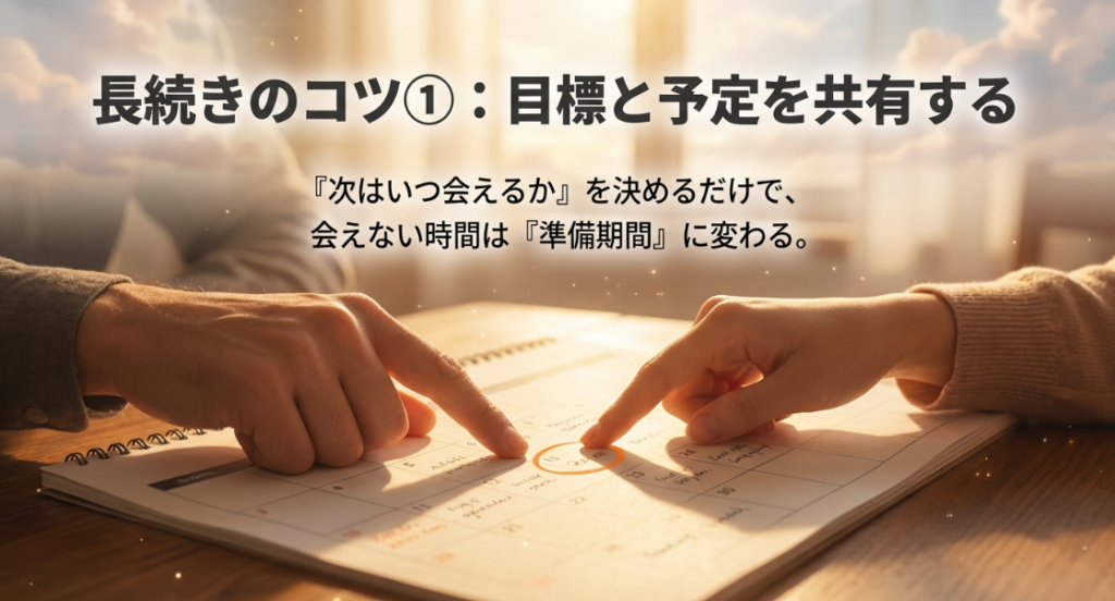 長続きのコツ①：目標と予定を共有する。『次はいつ会えるか』を決めるだけで、会えない時間は『準備期間』に変わる。