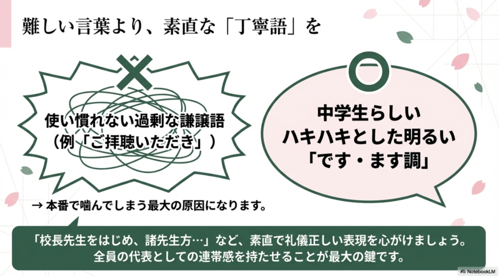 使い慣れない過剰な謙譲語は本番で噛んでしまう原因に。中学生らしいハキハキとした明るいです・ます調を推奨
