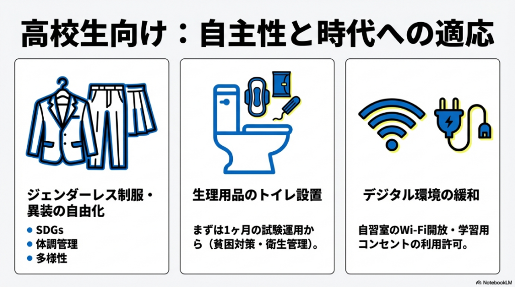 ジェンダーレス制服や生理用品設置など高校生向け生徒会公約の具体例