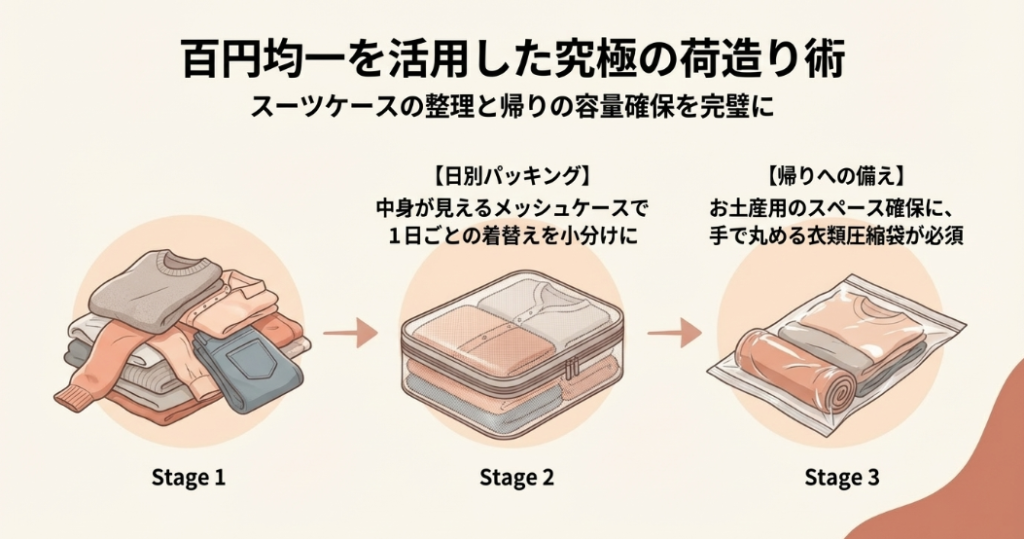 衣類がメッシュケースや圧縮袋に収納されていく3段階のイラスト