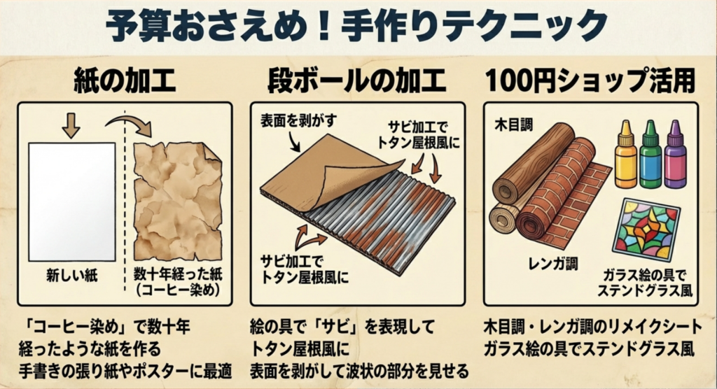 コーヒー染めや段ボール加工、リメイクシートを活用したアンティーク風装飾の作り方を解説したスライド