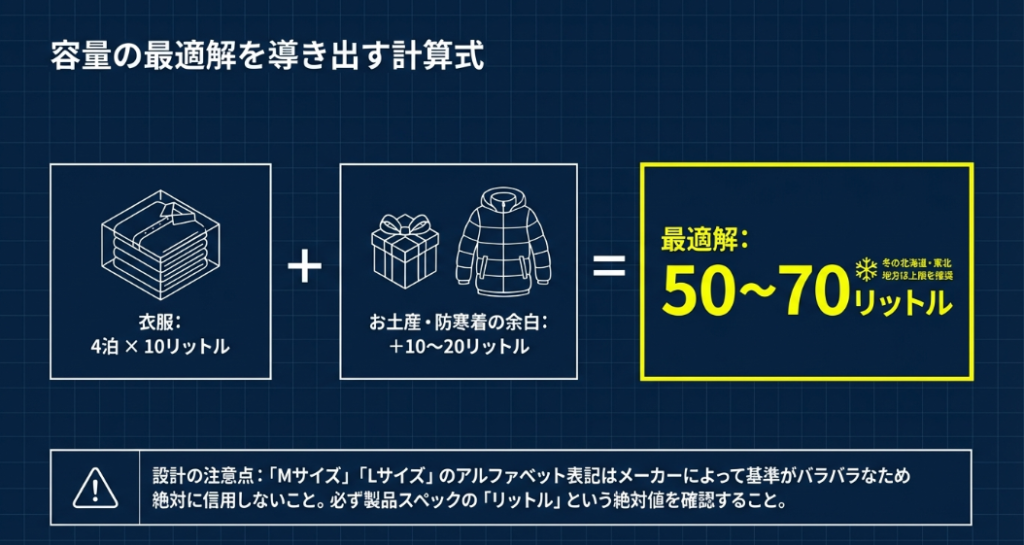 4泊5日の衣類に加えてお土産や防寒着の余白を考慮した50〜70リットルのスーツケース容量計算図