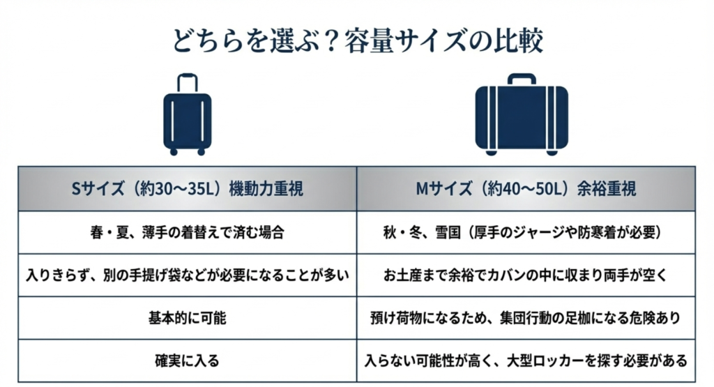 機動力重視のSサイズと余裕重視のMサイズのメリットとデメリットの比較表