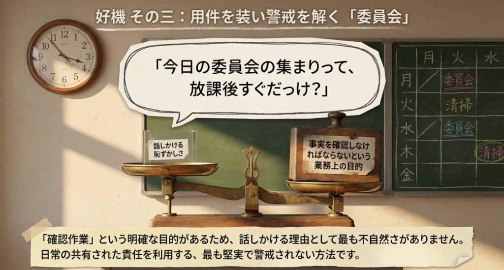 委員会の用件を装って話しかける方法。事実確認という「業務上の目的」があれば、話しかける恥ずかしさが軽減されることを示す図解