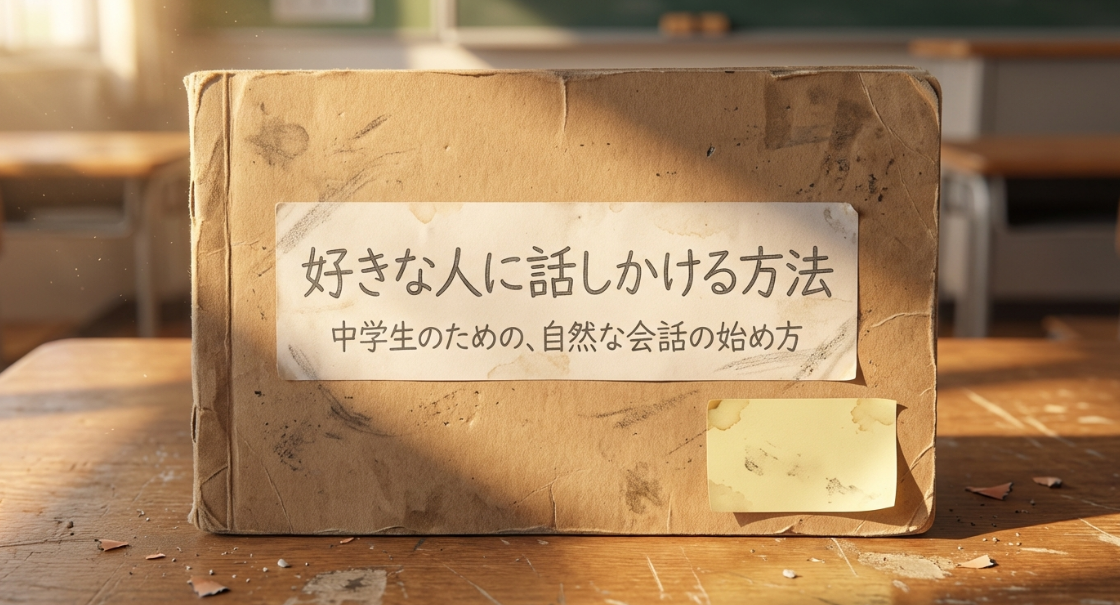 「好きな人に話しかける方法 中学生のための自然な会話の始め方」というタイトルのスライド画像。