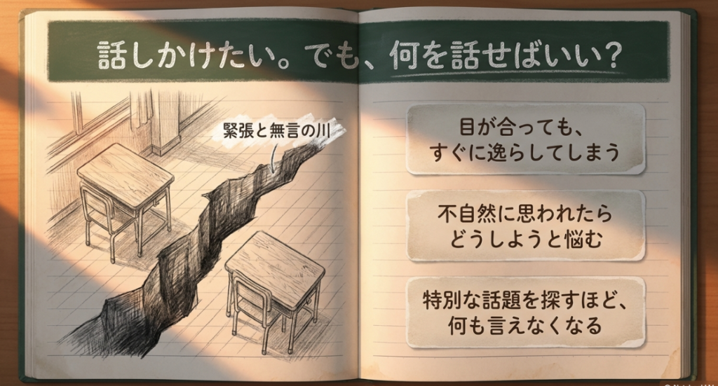 机の間に深い亀裂が走り「緊張と無言の川」と書かれた、話しかけたくても話しかけられない心理的距離を表すイラスト。