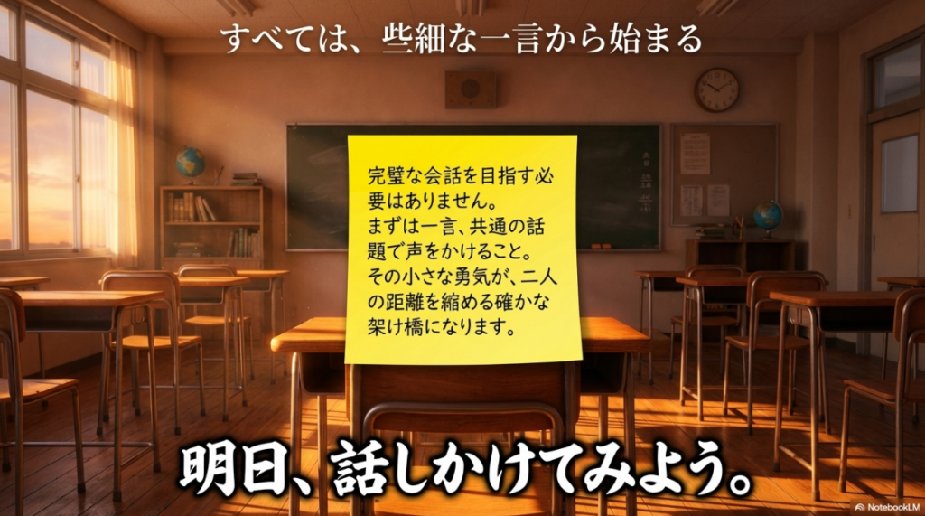 「すべては、些細な一言から始まる。明日、話しかけてみよう。」という前向きなメッセージが書かれた結びのスライド。