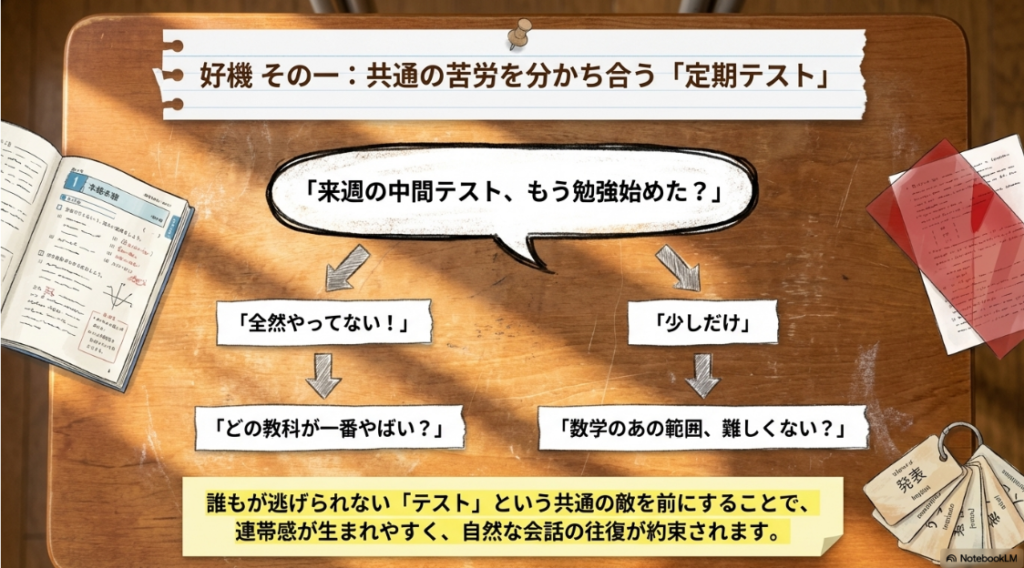 定期テストを共通の話題にする例。「来週の中間テスト、もう勉強始めた?」という具体的なセリフの流れを示したスライド。