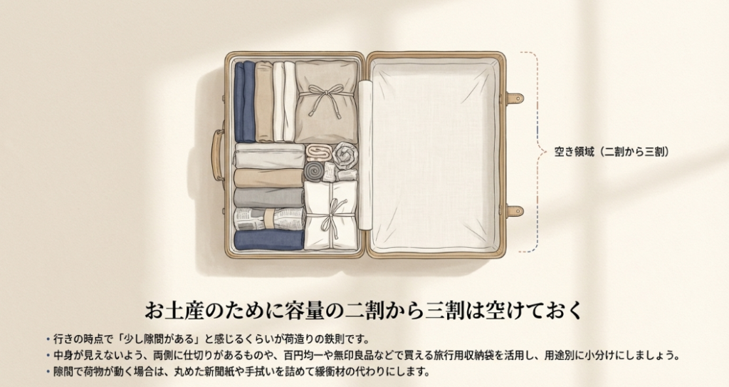 お土産のために容量の二割から三割は空けておく。行きの時点で少し隙間があると感じるくらいが荷造りの鉄則です