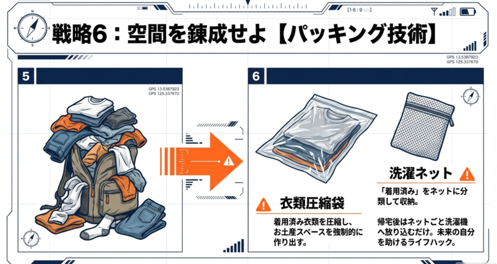 お土産スペースを作る圧縮袋と帰宅後が楽になる洗濯ネット活用術
