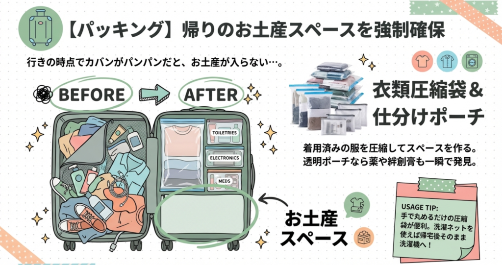 衣類圧縮袋と仕分けポーチでカバンを整理し、お土産スペースを確保する方法。洗濯ネットを併用する時短術も紹介。