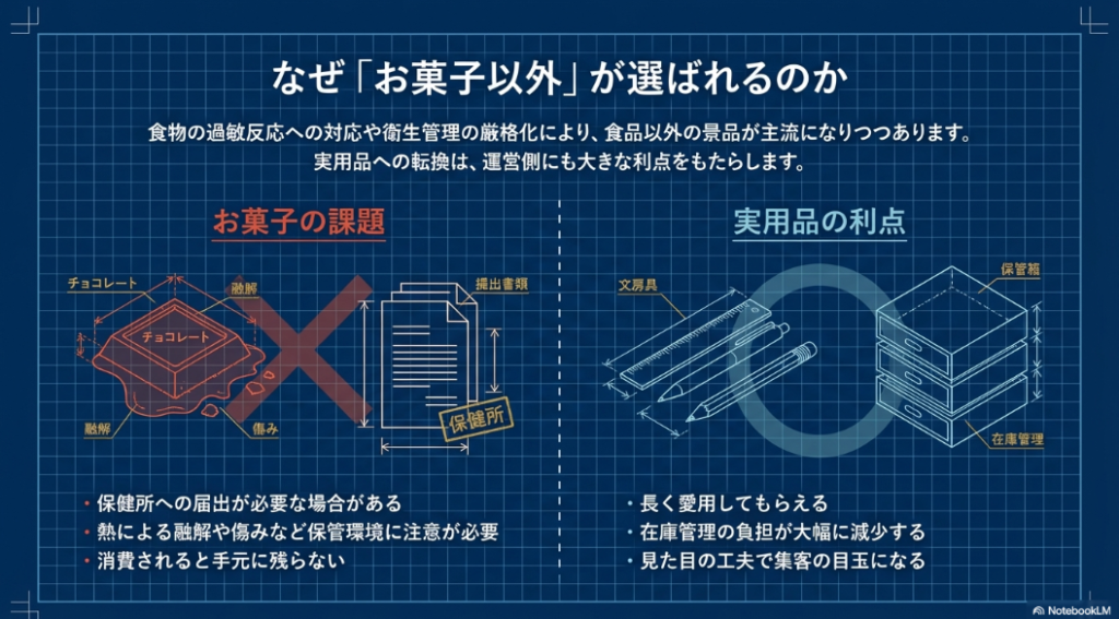 お菓子の融解や傷みのリスクと、実用品の在庫管理の利点を比較した図解