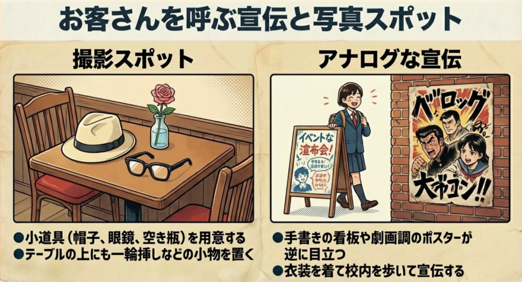 小道具を使った撮影スポット作りと、劇画調ポスターなど目を引く宣伝手法を解説したスライド